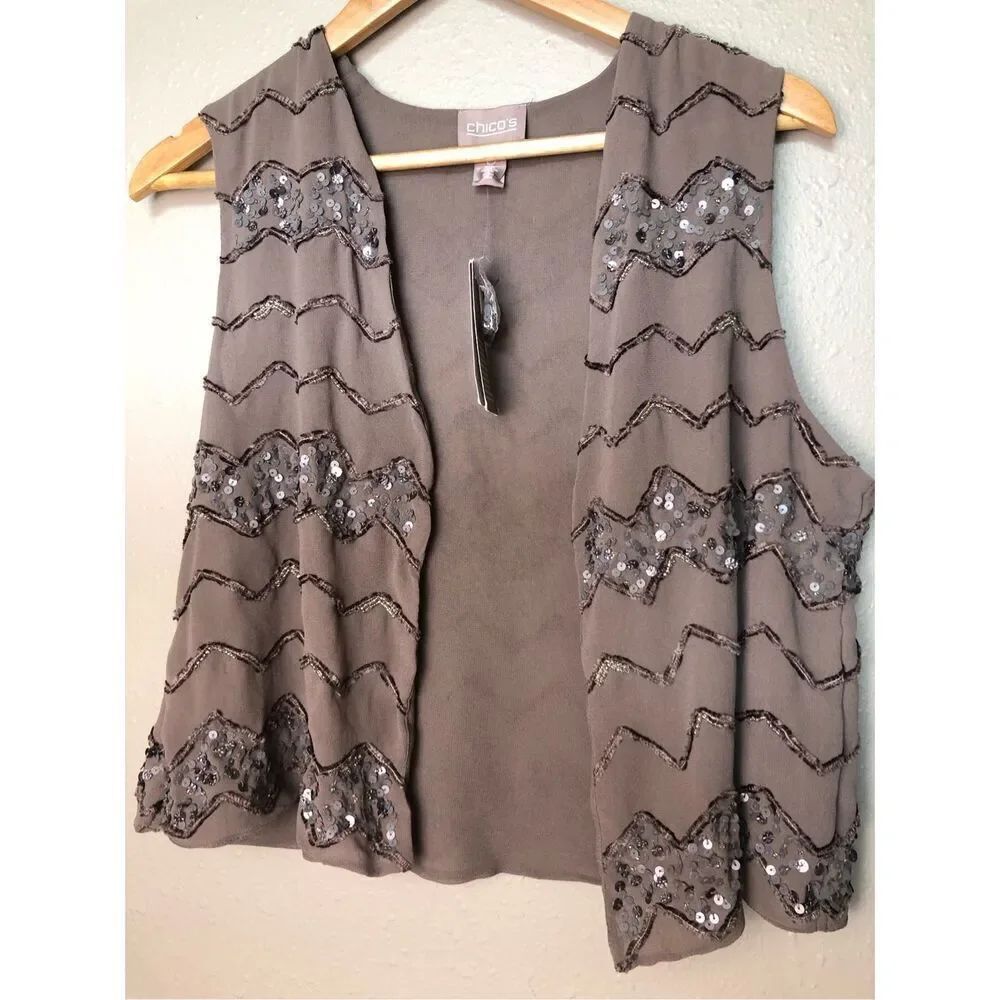 Chico’s Brown Sequin Open Front Vest Size 0 Small NWT - Picture 4 of 12